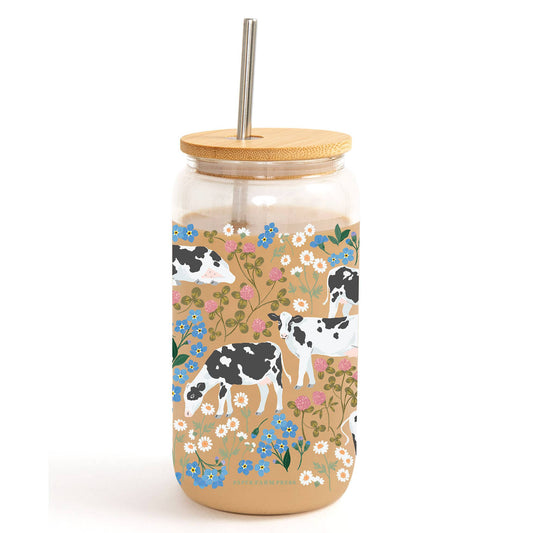 Cows & Flowers Glass Can