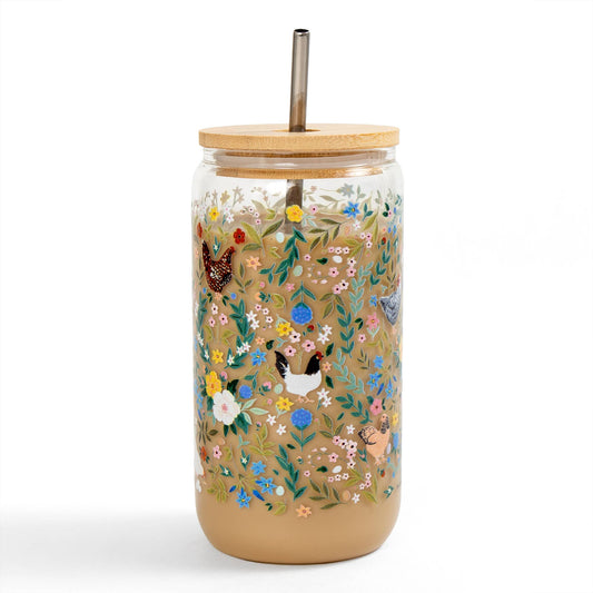 Chickens & Flowers Glass Can