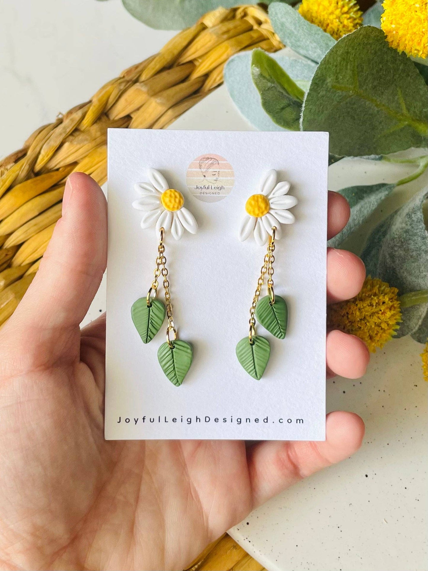Daisy and Sunflower Leaf Dangle Earrings