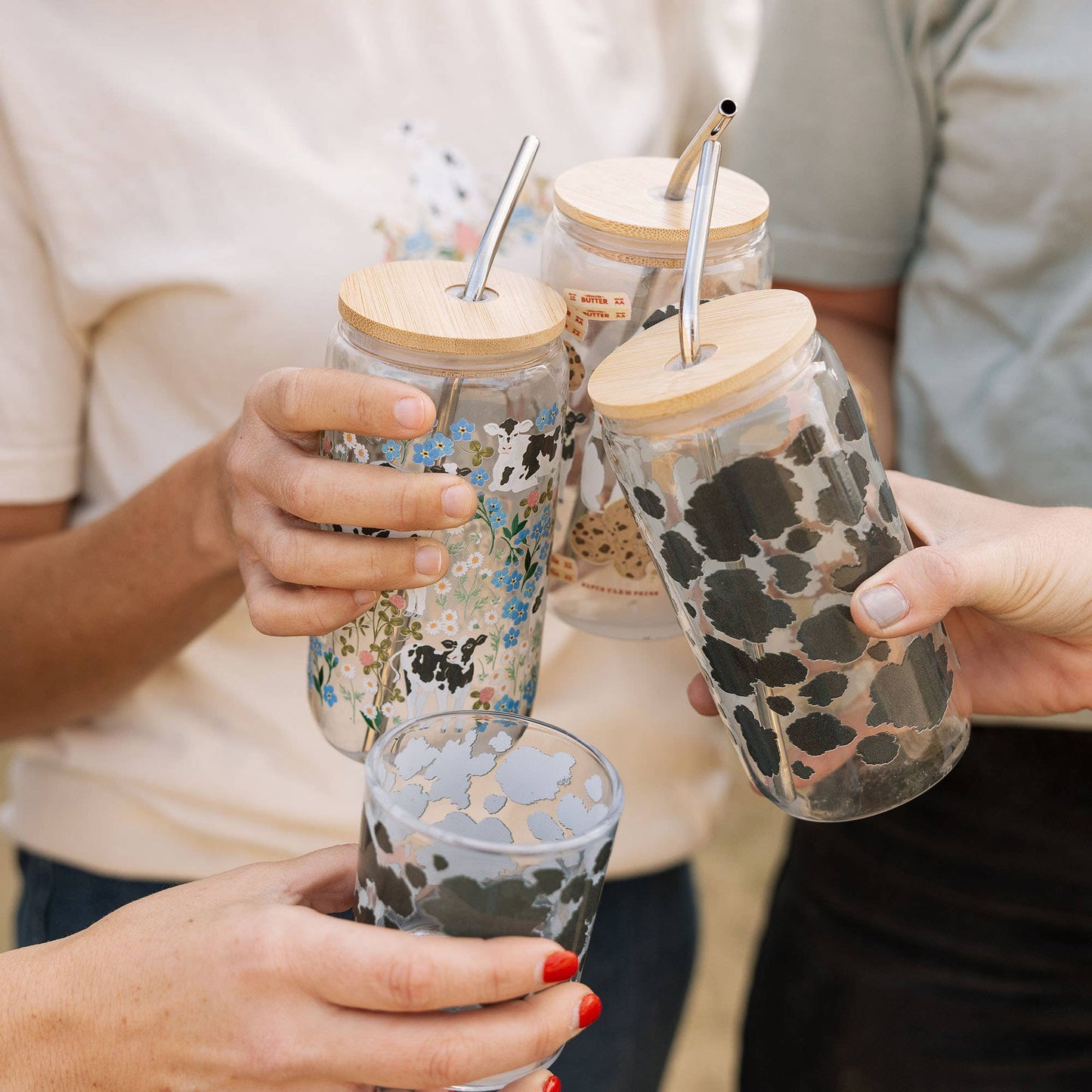 Cows & Flowers Glass Can