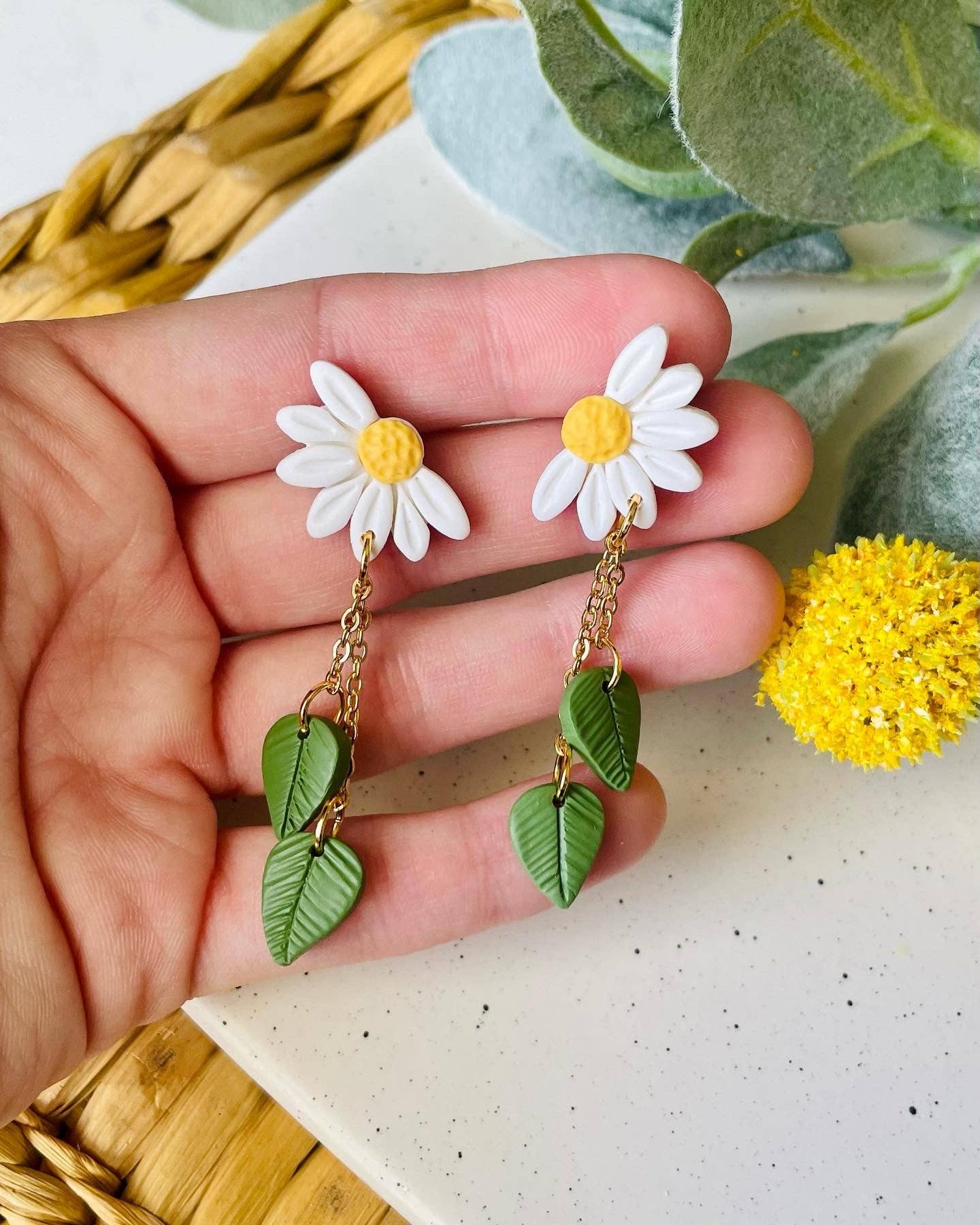Daisy and Sunflower Leaf Dangle Earrings