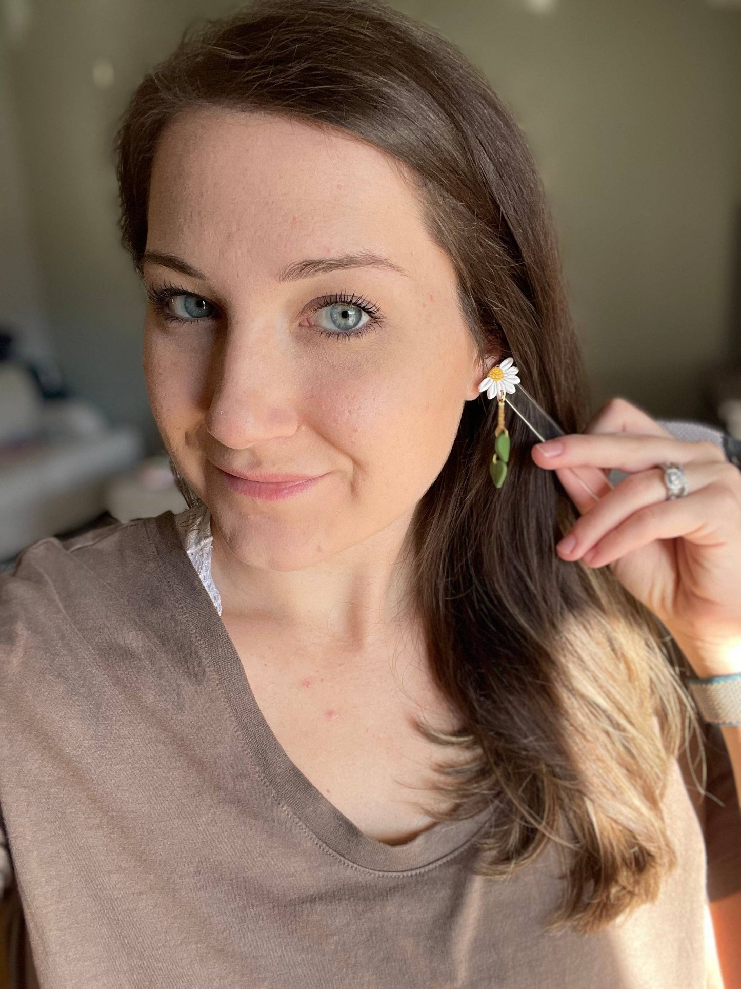 Daisy and Sunflower Leaf Dangle Earrings