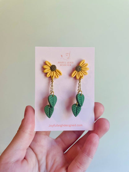 Daisy and Sunflower Leaf Dangle Earrings