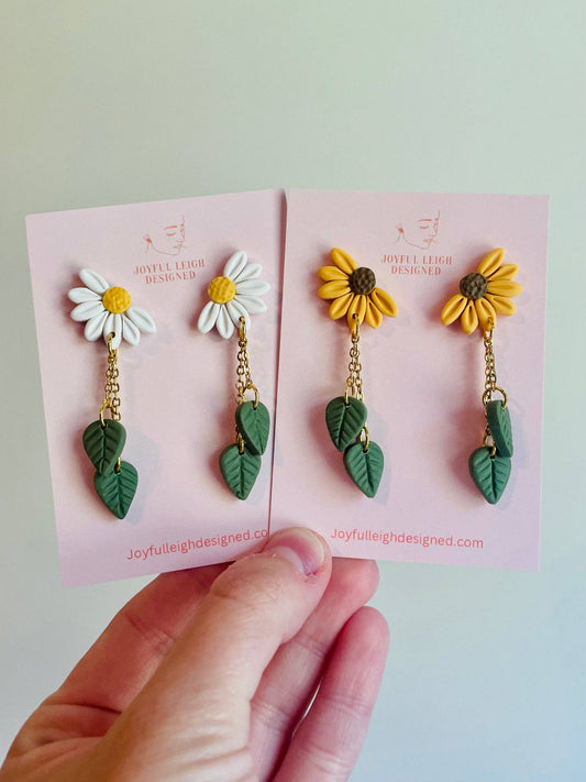 Daisy and Sunflower Leaf Dangle Earrings