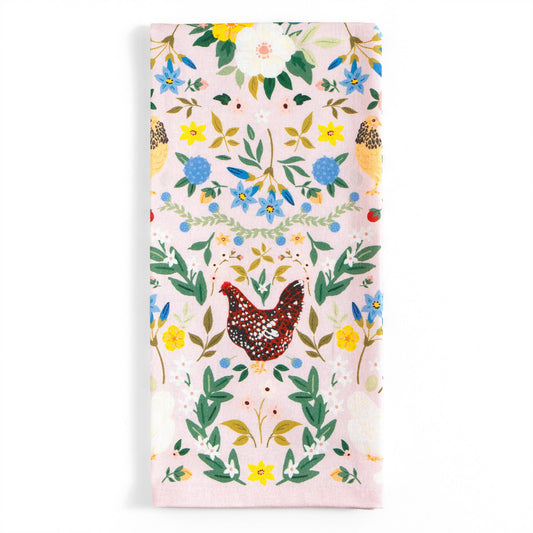 Chickens & Flowers Tea Towel